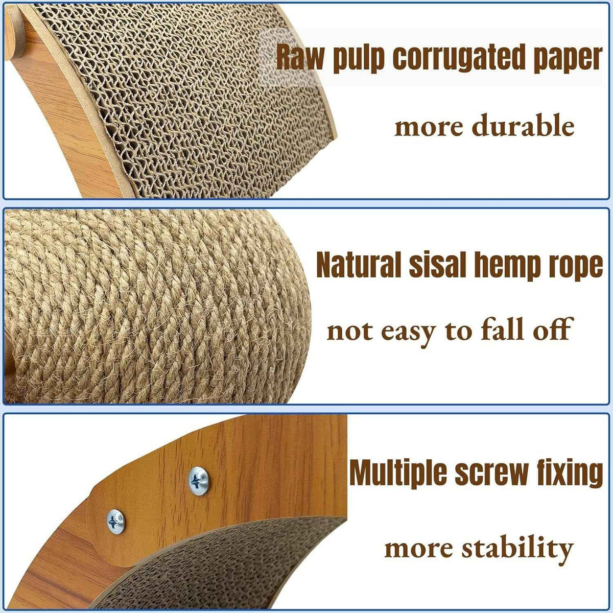 Close-up of the corrugated cardboard pad, sisal rope ball, and wood-tone frame with screws