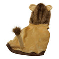 Pet lion costume with tan body, plush mane hood, and brown-accent tail tip