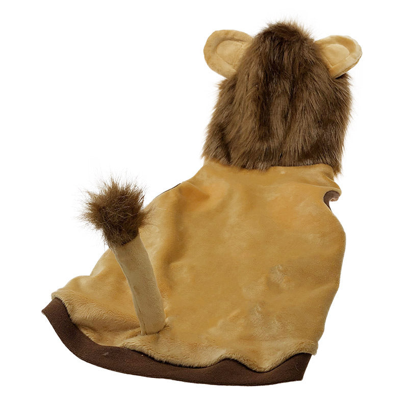 Pet lion costume with tan body, plush mane hood, and brown-accent tail tip