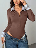 Brown long-sleeve button-front bodysuit with chest pockets and striped cuffs