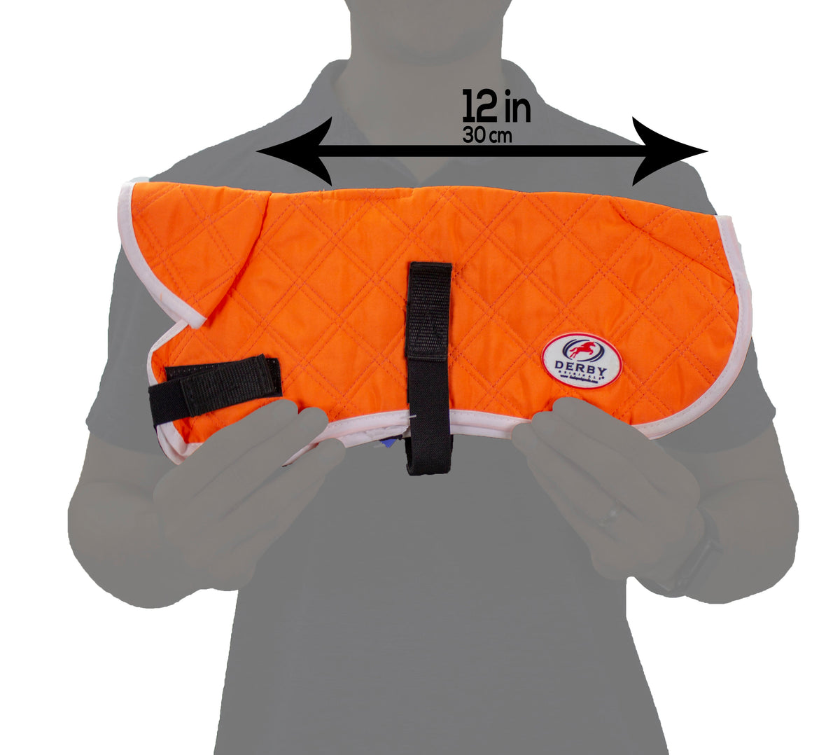 Orange dog cooling jacket size diagram showing 12 in length across the back