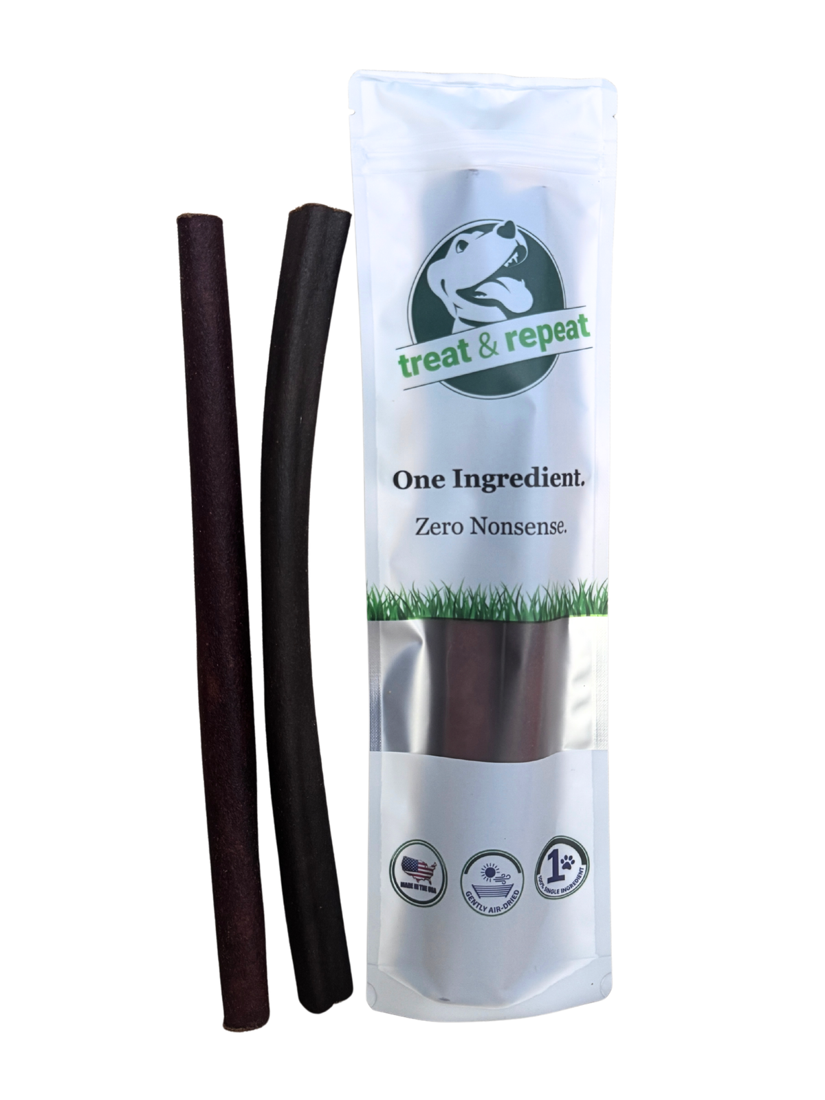 Collagen sticks with treat & repeat pouch and two dark brown snack sticks