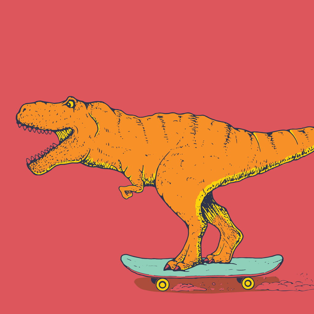Kids bottle graphic: orange dinosaur on skateboard with splash on red background