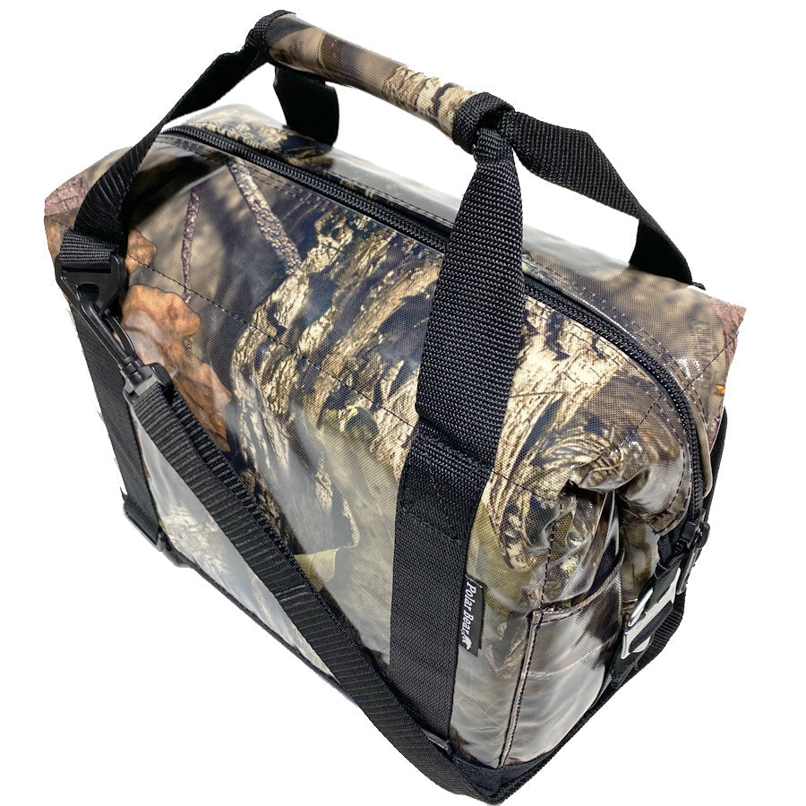 Camouflage insulated cooler bag with full-zip top and front strap across the bag face