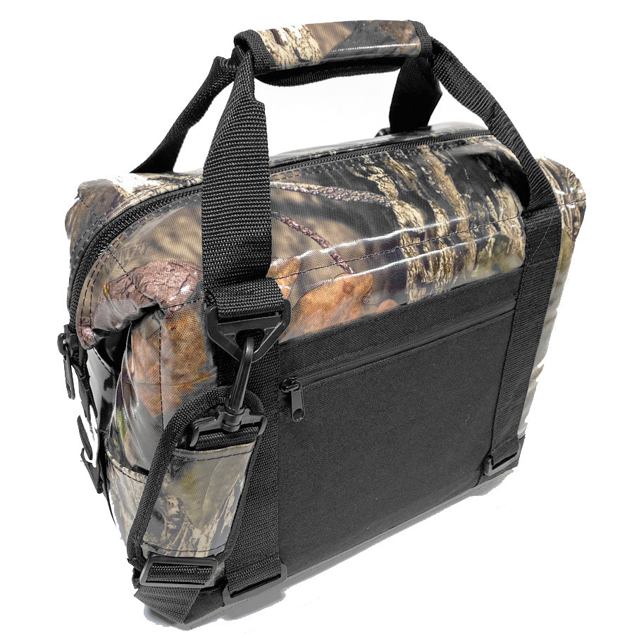 Camouflage soft cooler bag with top handle, front zipper pocket, and padded straps
