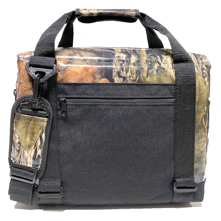 Camouflage cooler bag with front zip pocket panel and adjustable webbing shoulder straps