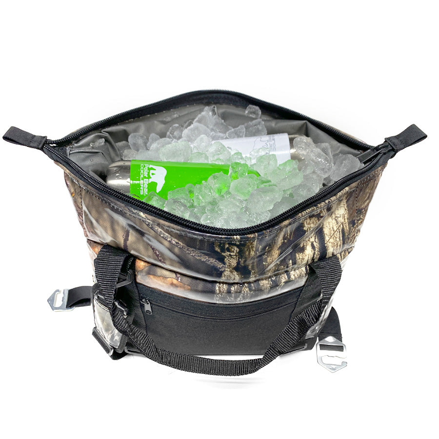 Open camouflage cooler bag holding ice and a bag of ice packs inside