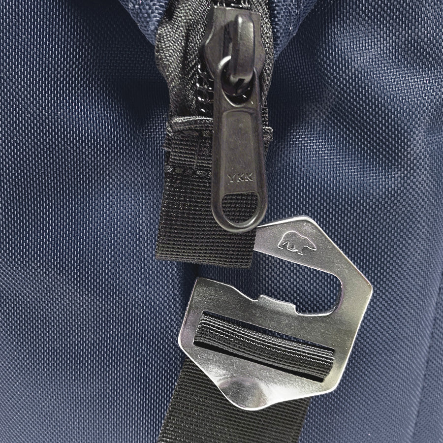 Soft nylon cooler bag, dark blue fabric with metal clasp detail on strap
