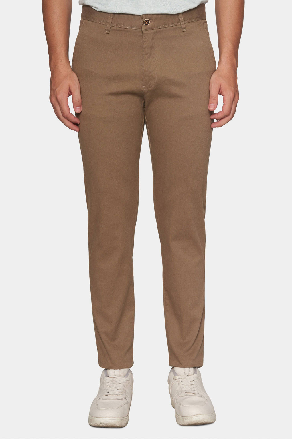 Tan chino pants with button fly, belt loops, and front slash pockets