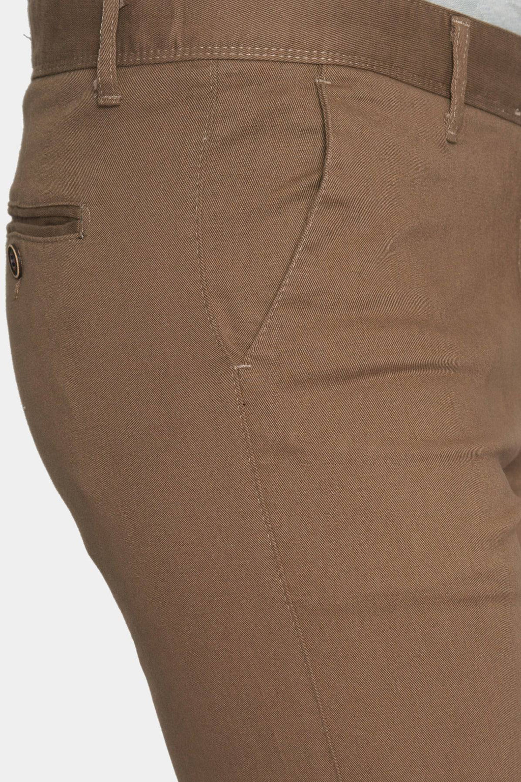 Close-up of tan chino pocket seams and button detail on pants