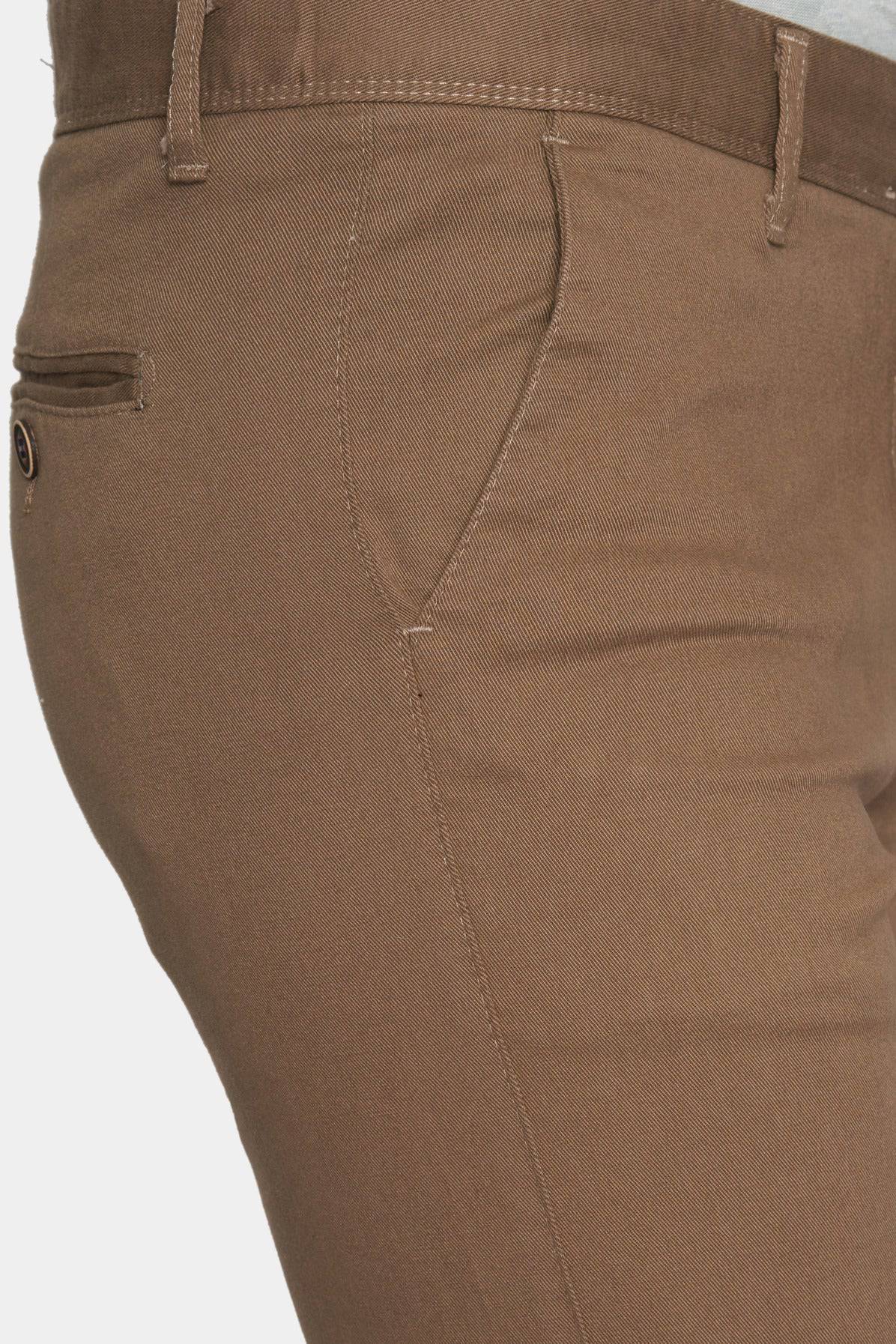 Close-up of tan chino pocket seams and button detail on pants