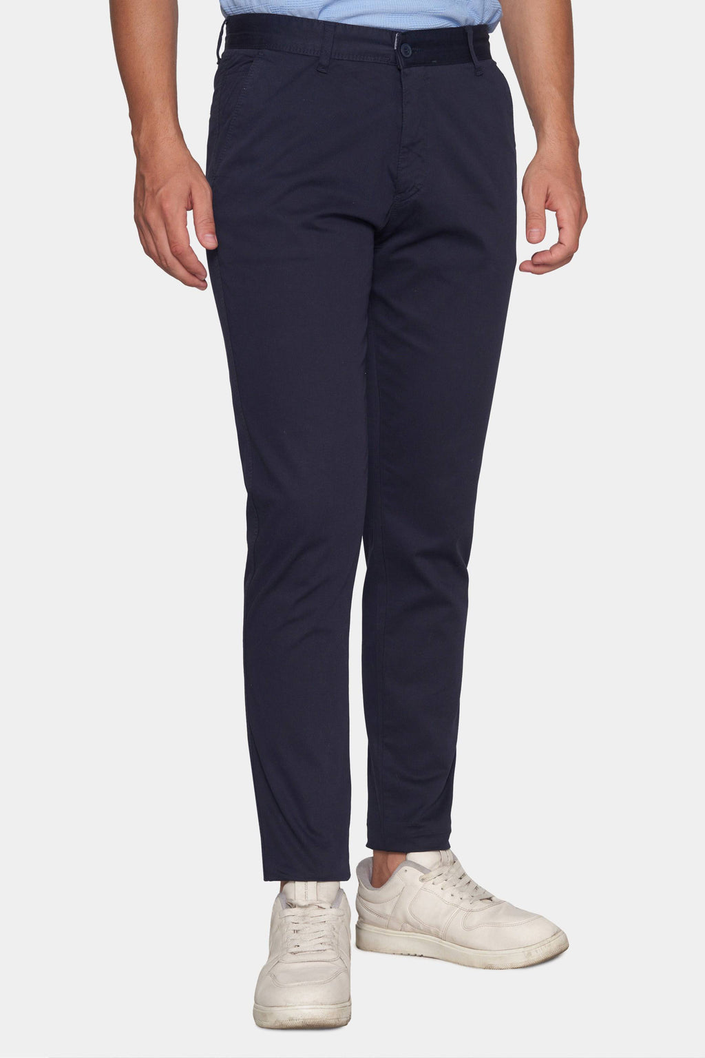 Dark navy chino pants with belt loops and front button closure