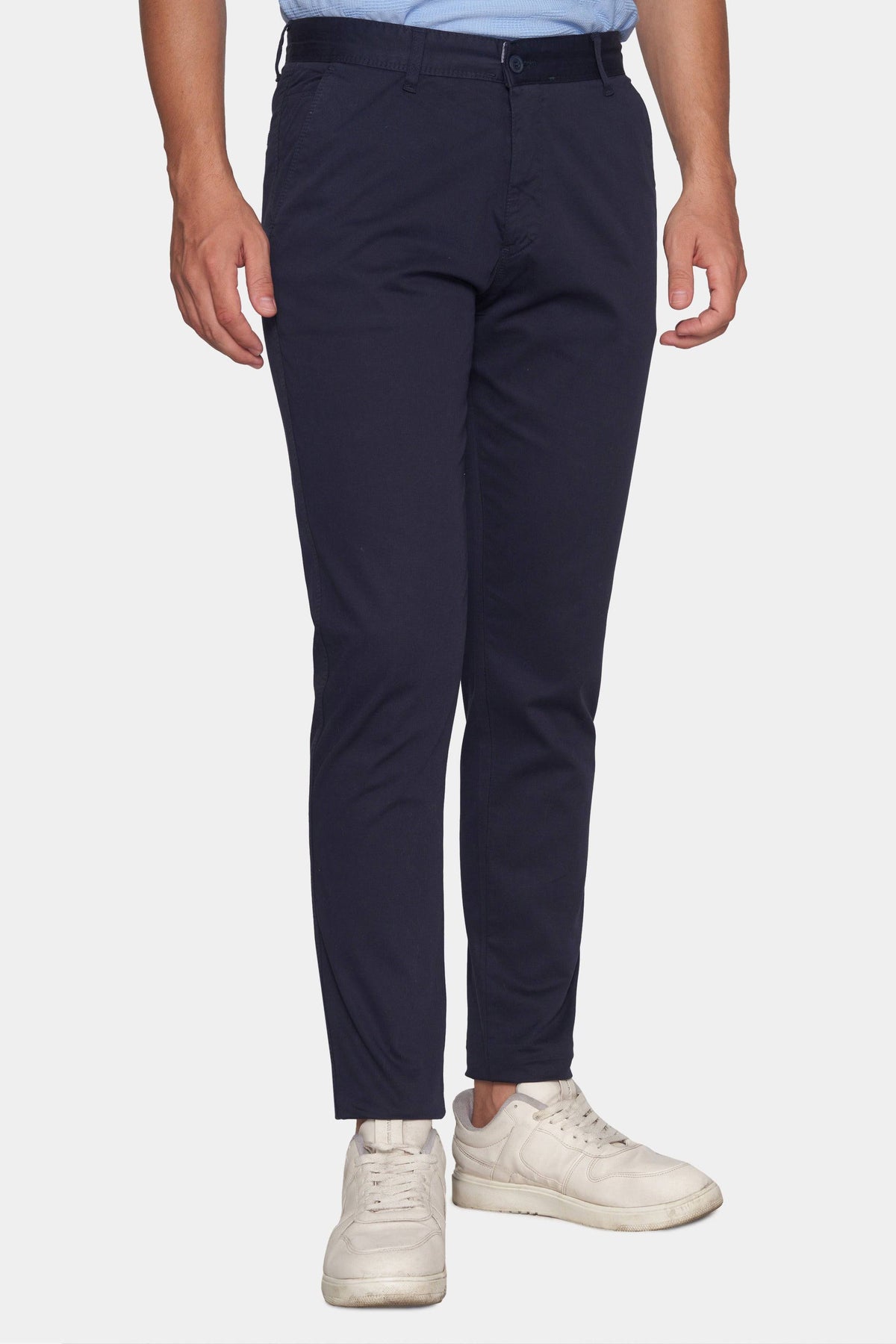 Dark navy chino pants with belt loops and front button closure