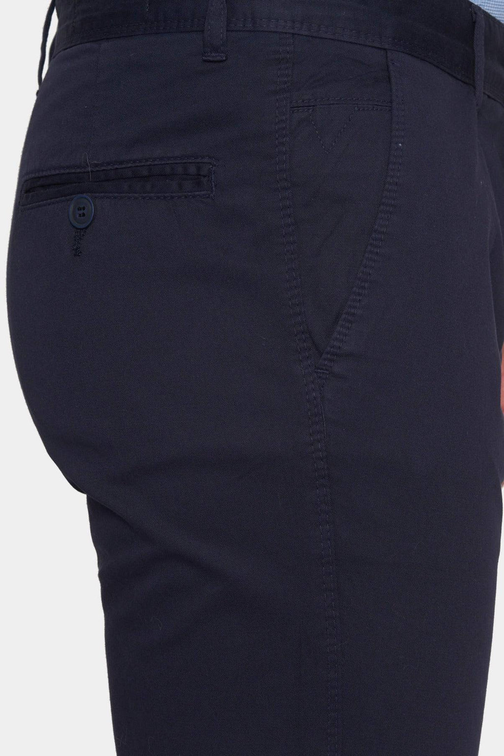 Dark navy chino waistband with button closure and stitched front pocket