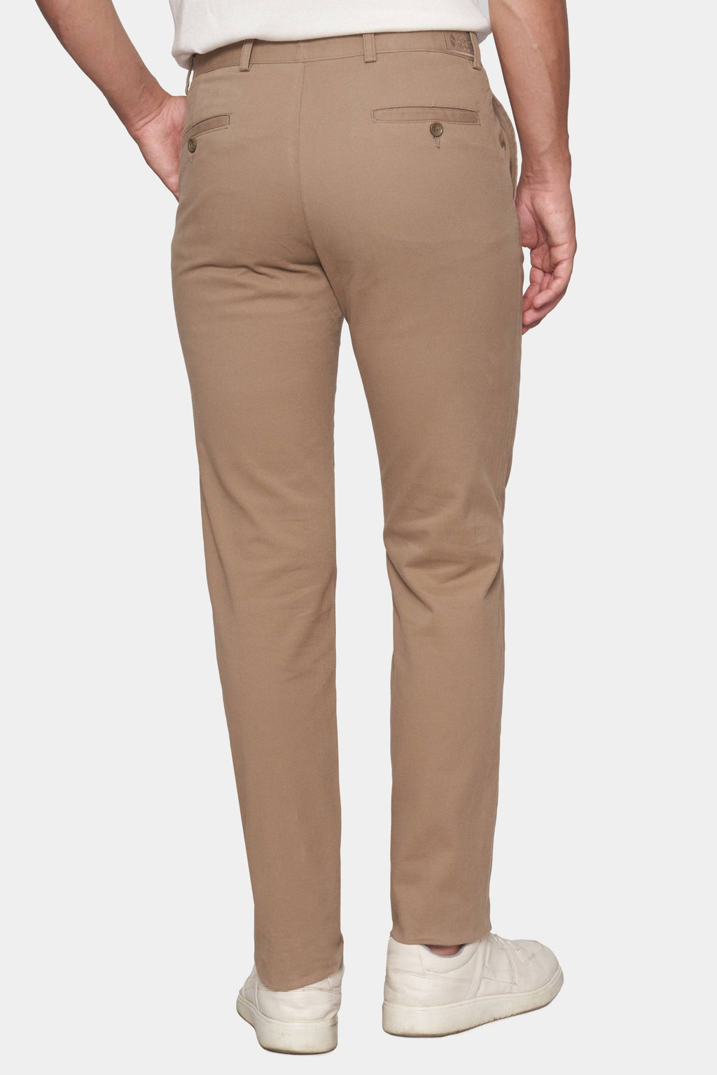 Tan chino pants with zip fly and small front coin pocket