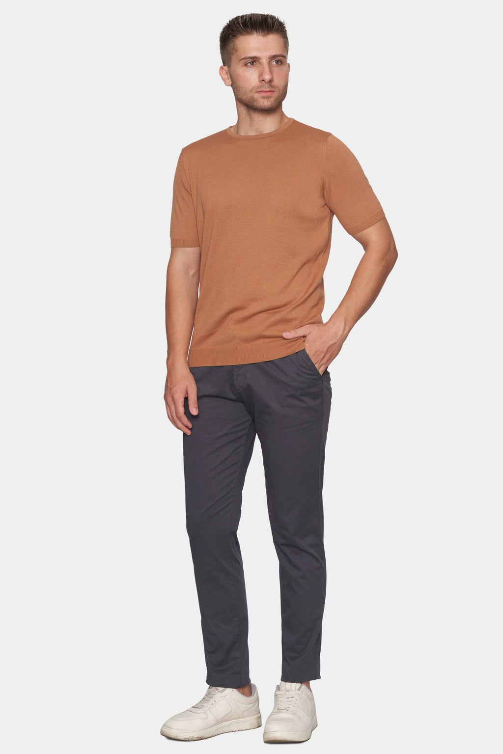 Charcoal chino pants, straight leg with cuffed hem and belt loops