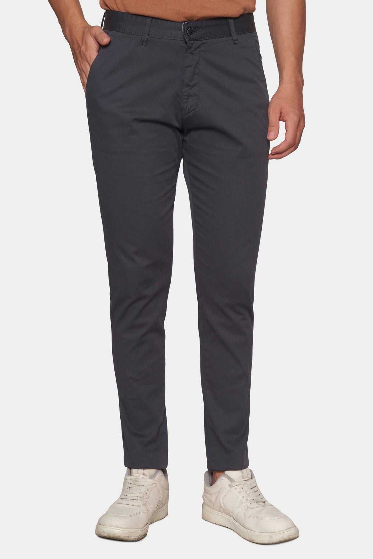 Charcoal chino pants with belt loops, zip fly, and side pockets