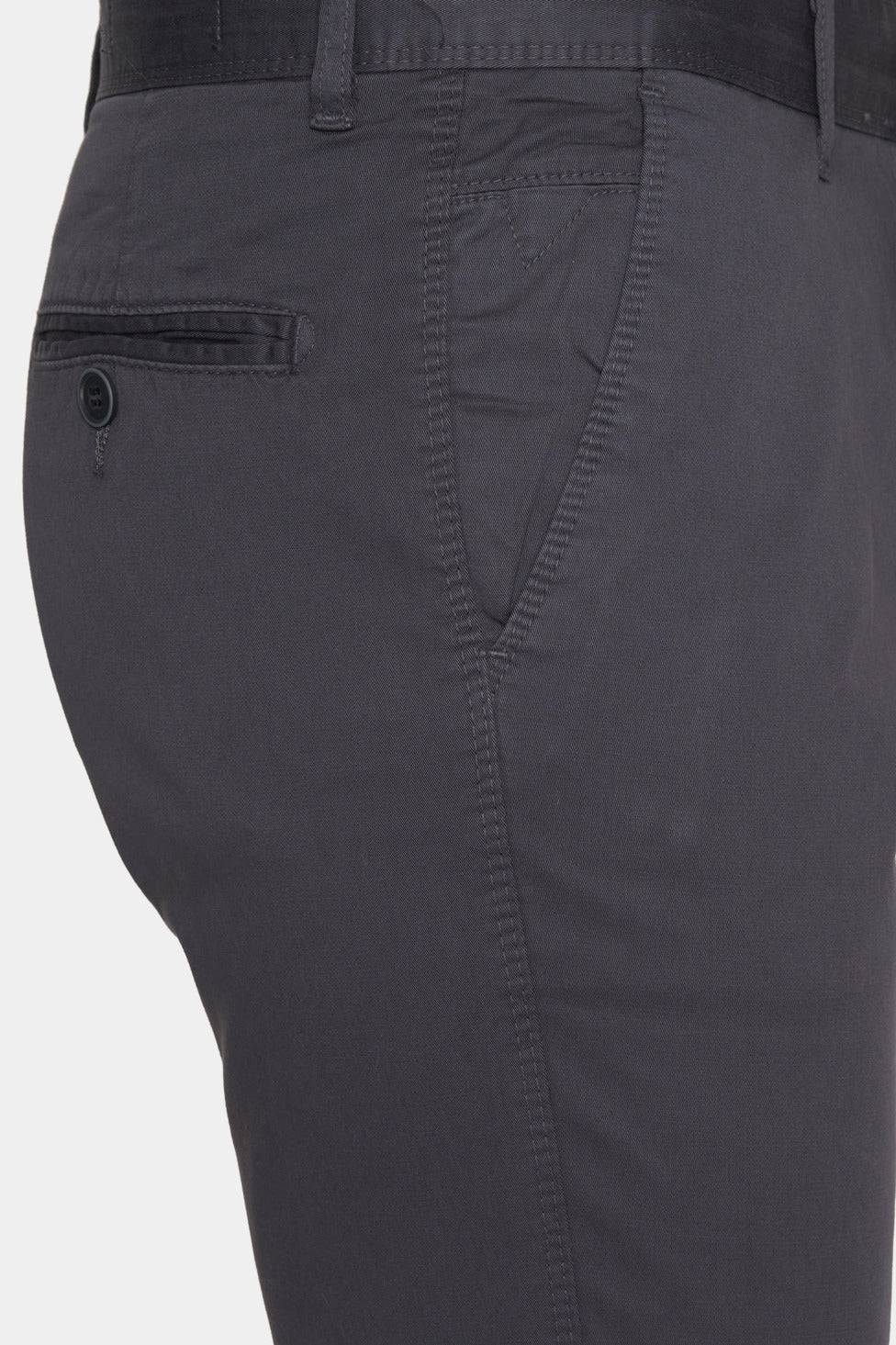 Charcoal chino pants close-up of side pocket and stitching