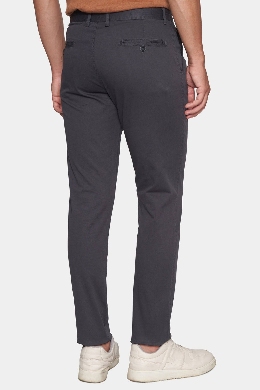 Charcoal chino pants, back view with back yoke and waistband