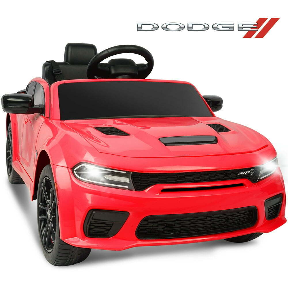 Red kids ride-on toy car with steering wheel and front LED lights