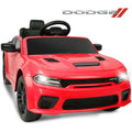 Red kids ride-on toy car with steering wheel and front LED lights