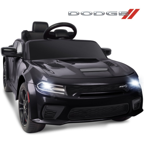 Black kids ride-on toy car with glowing front LED headlights