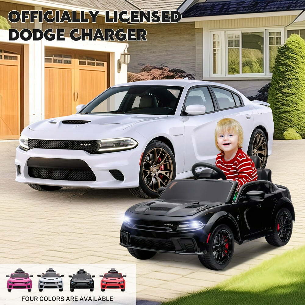 White and black kids ride-on toy cars with steering wheels and LED headlights