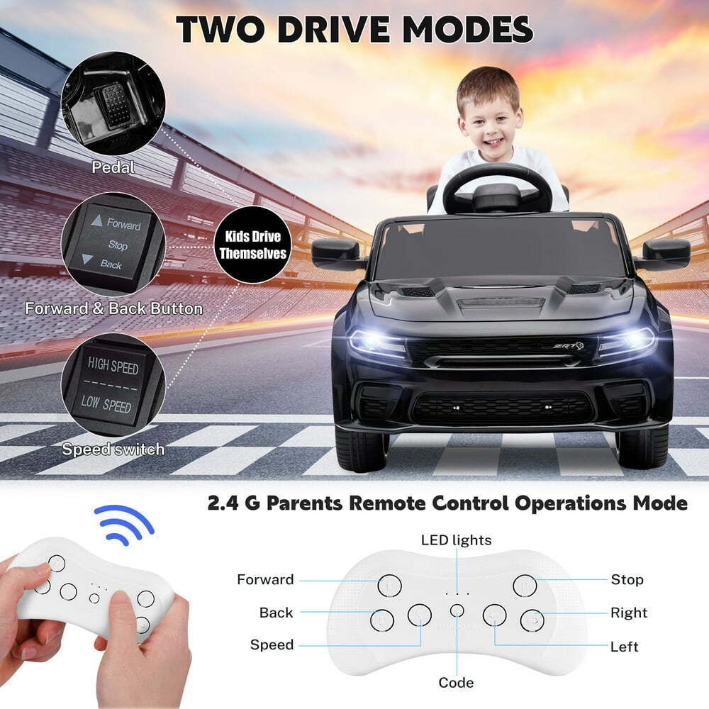Black kids ride-on toy car with front LED lights and included 2.4G remote controls