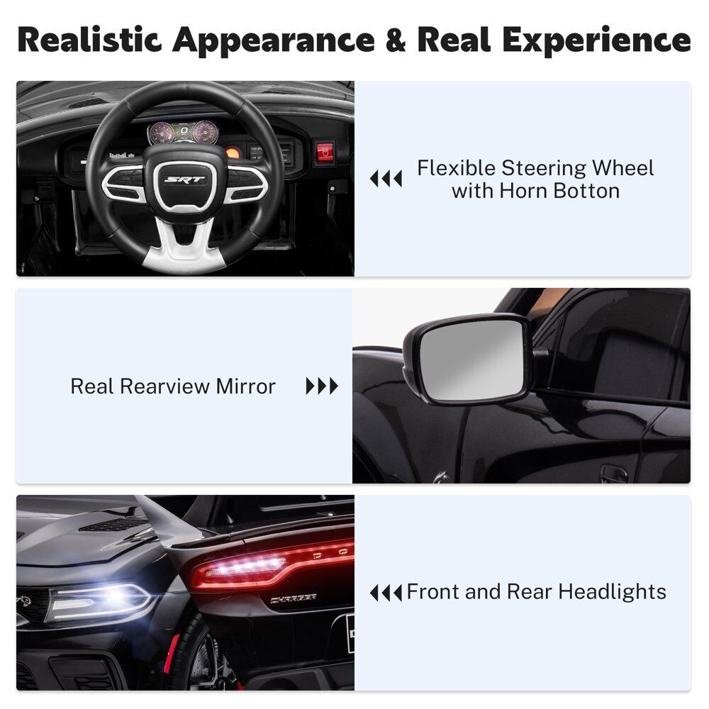 Black kids ride-on toy car with steering wheel horn button, mirrors, and headlight lights