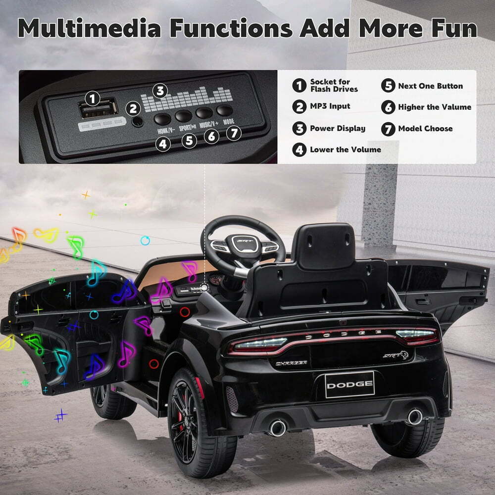 Black kids ride-on toy car rear view with red LED taillights