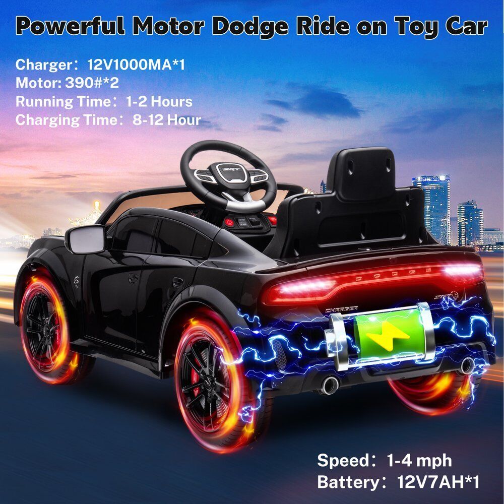 Black kids ride-on toy car with bright rear LED lights and underglow effect