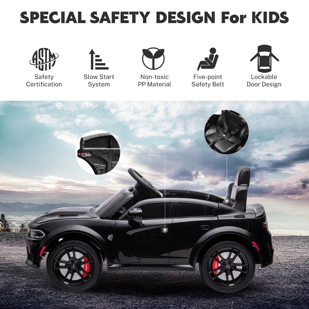Black kids ride-on toy car with side profile, large wheels, and seat