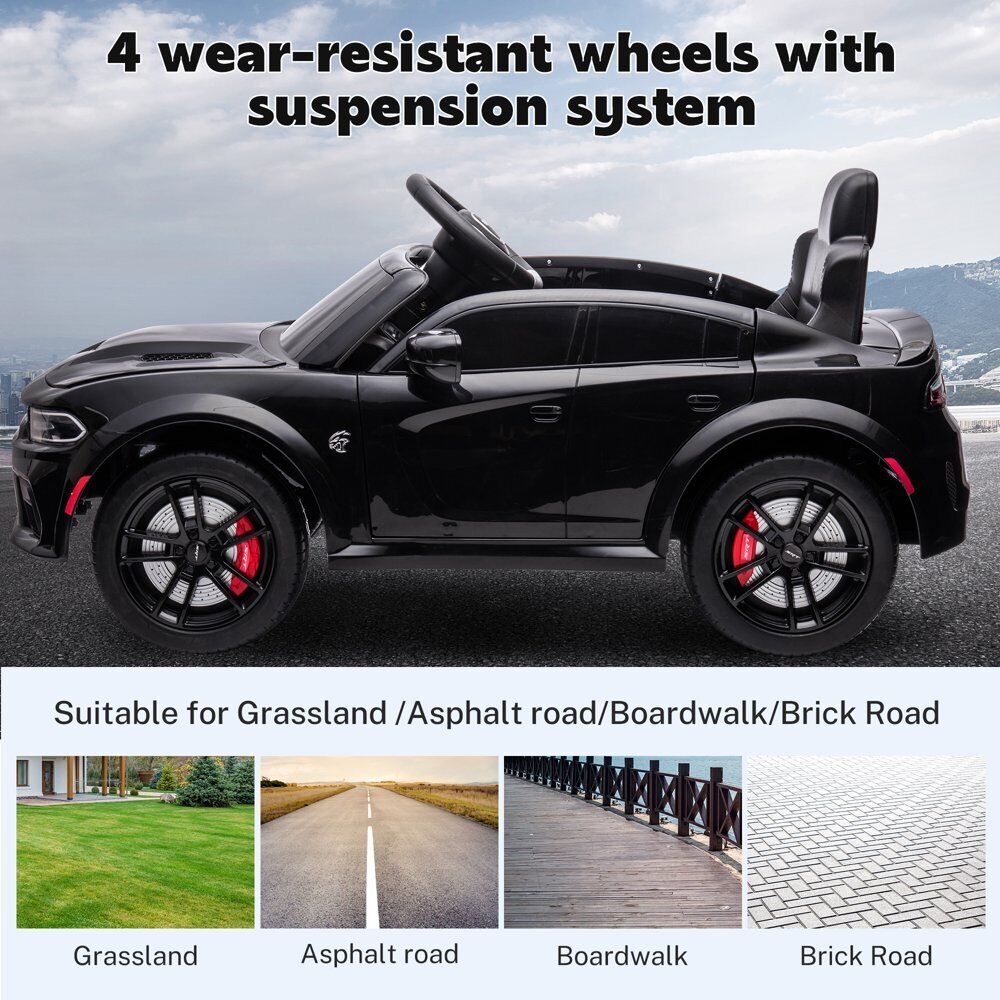 Black kids ride-on toy car with four large wheels and suspension system