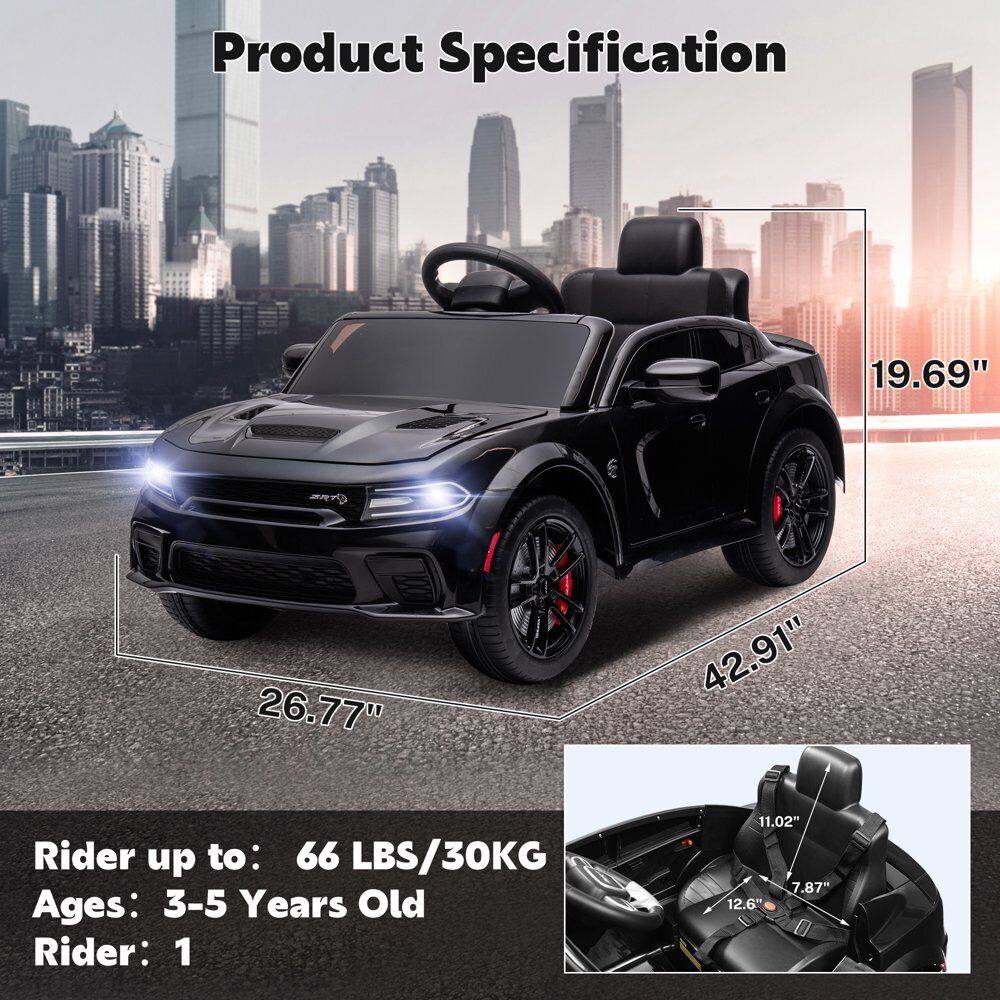 Black ride-on toy car with front headlights and two open-top seats
