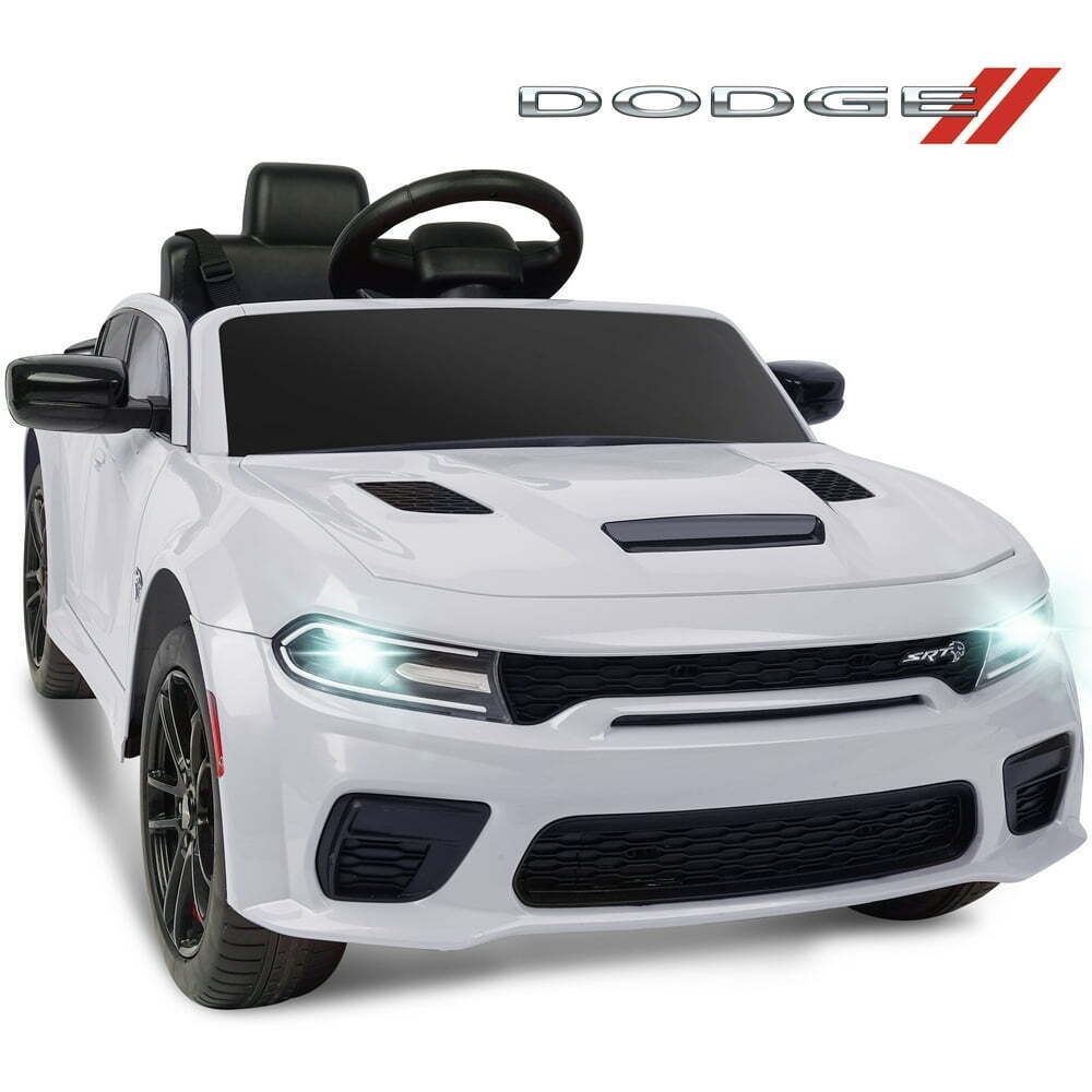 White ride-on toy car with steering wheel and two open-top seats, front view