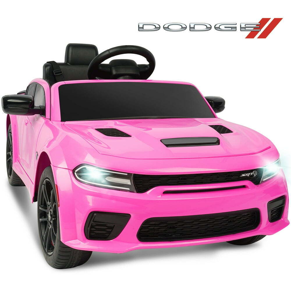 Pink ride-on toy car with steering wheel and two open-top seats, front view