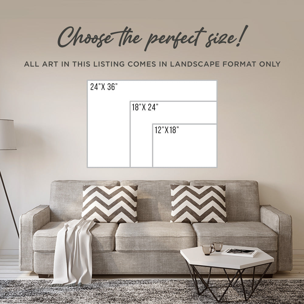 Canvas wall art in landscape format with foggy lake and pine trees through window