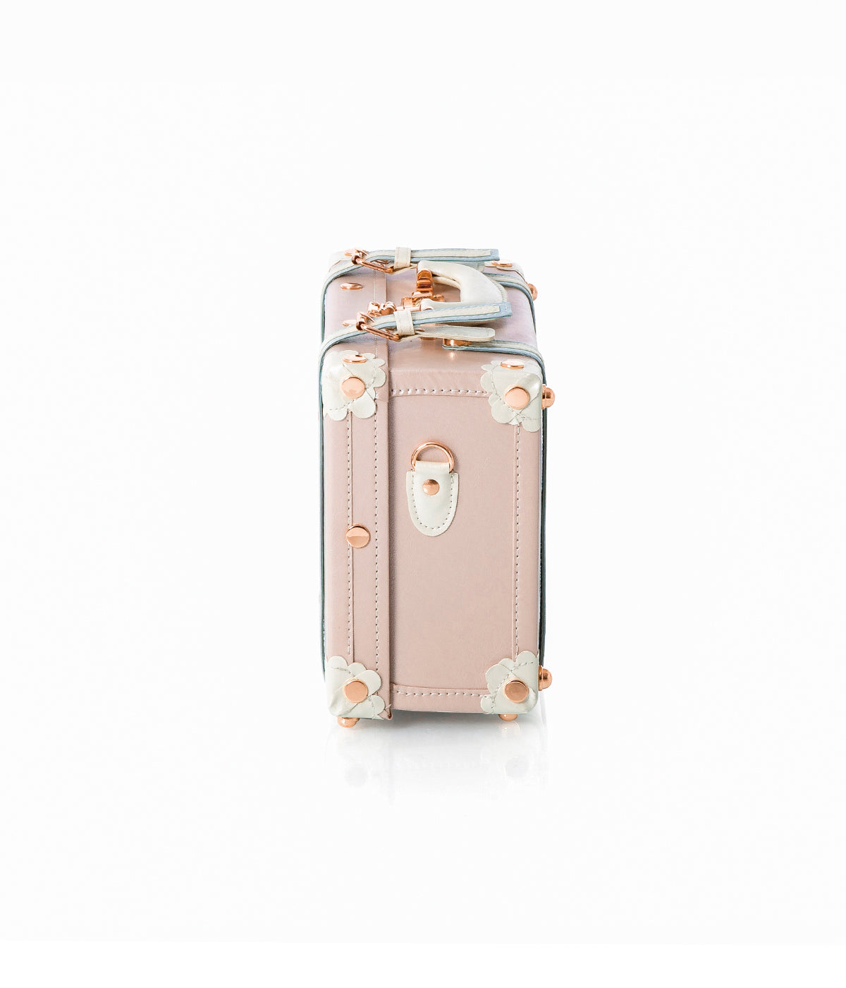 Cherry pink train case with stitched edges, strap detail, and corner hardware