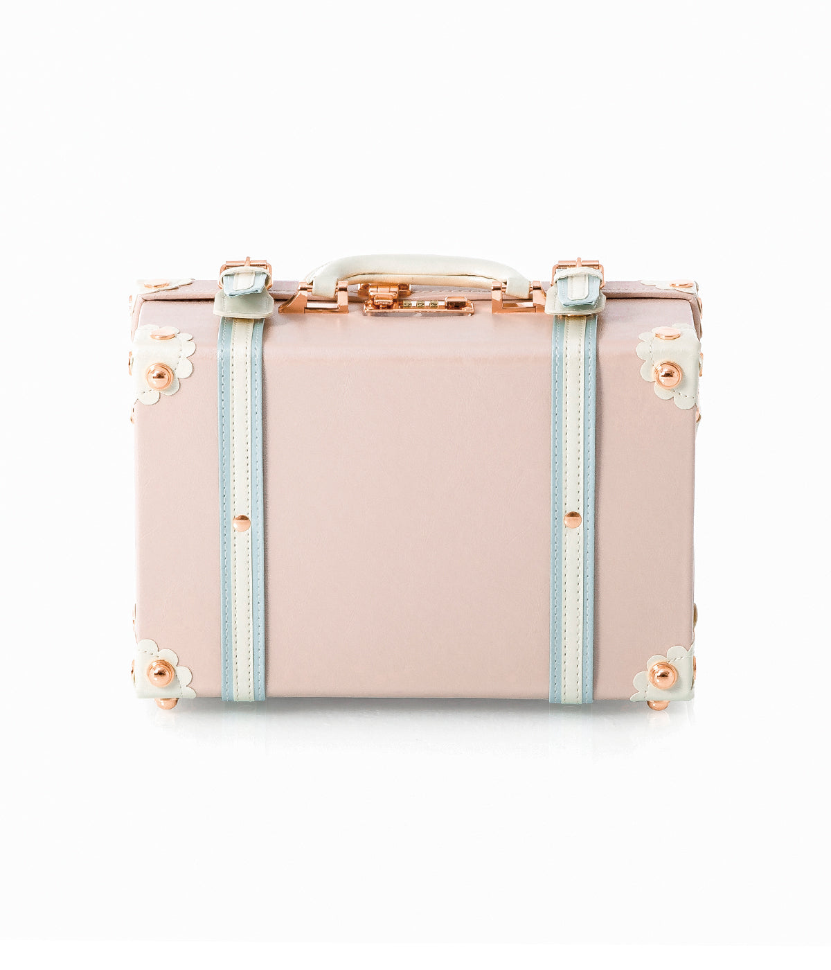 Cherry pink carry-on train case with light blue vertical straps and corner studs