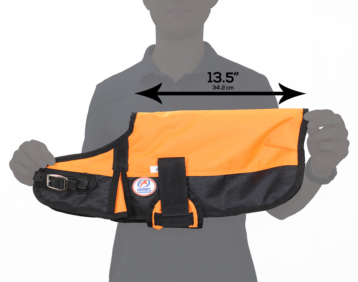 Orange and black waterproof winter dog coat shown with front strap closures