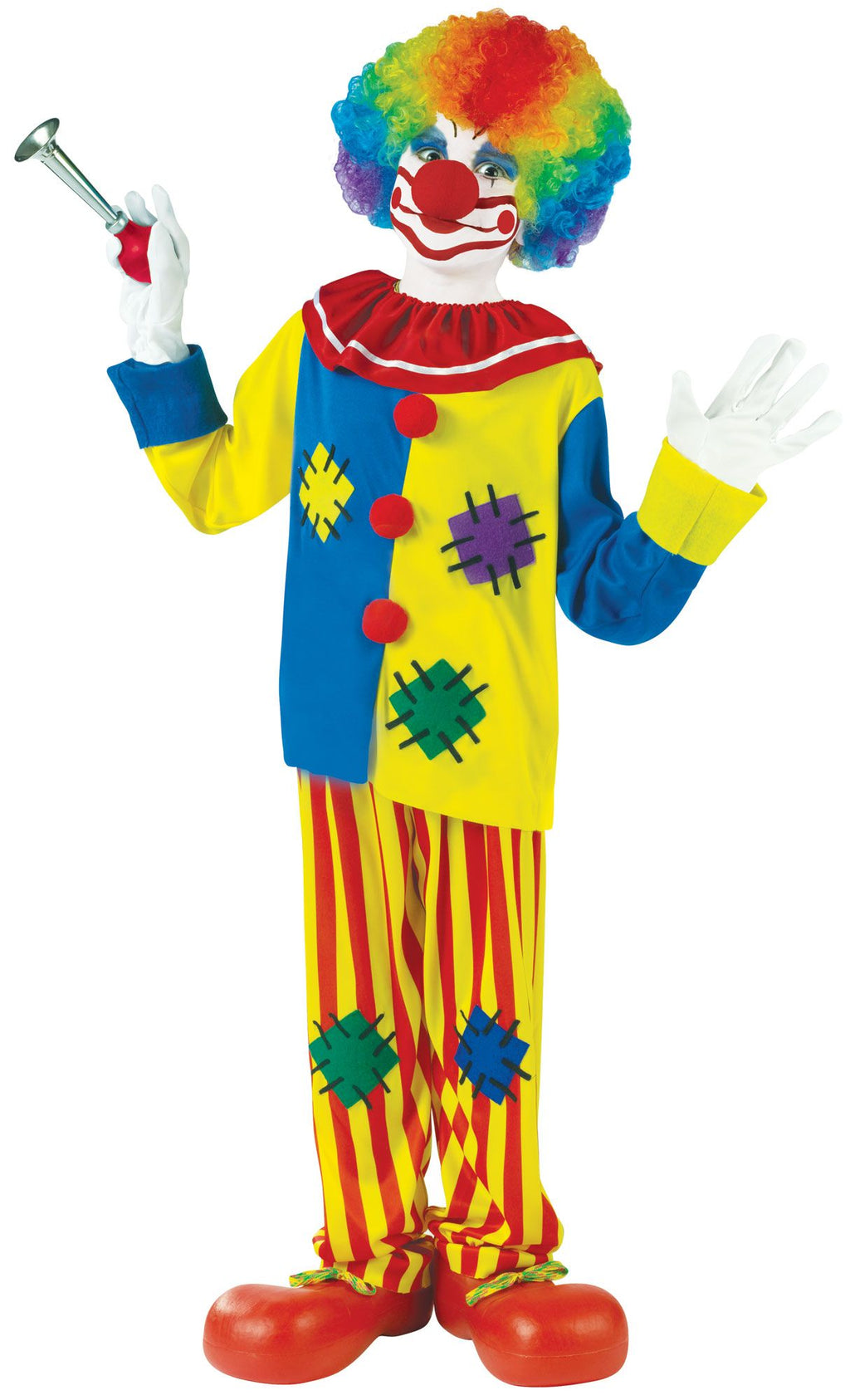 Boys clown costume with multicolor tunic, striped pants, red shoes, white gloves