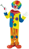 Boys clown costume with multicolor tunic, striped pants, red shoes, white gloves