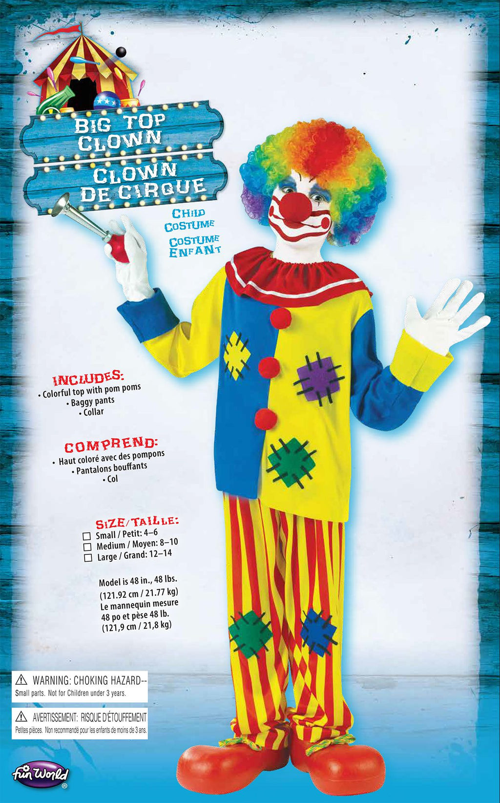 Clown costume on package: multicolor tunic, striped pants, red shoes, white gloves