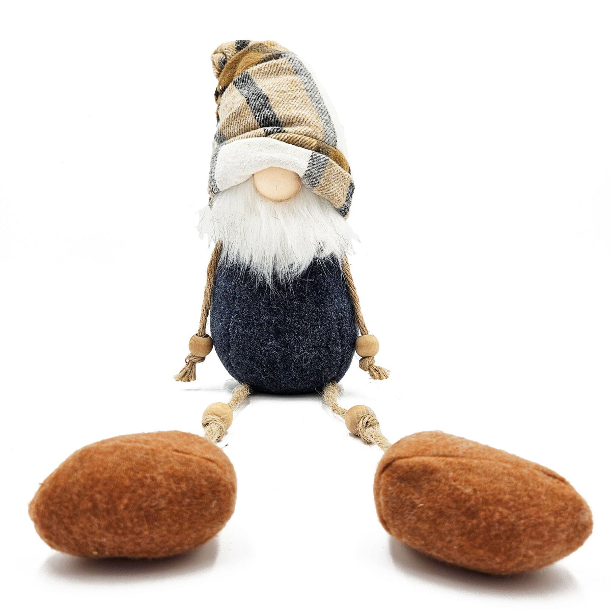 Standing gnome ornament with plaid hat, white beard, dark navy body, two brown legs