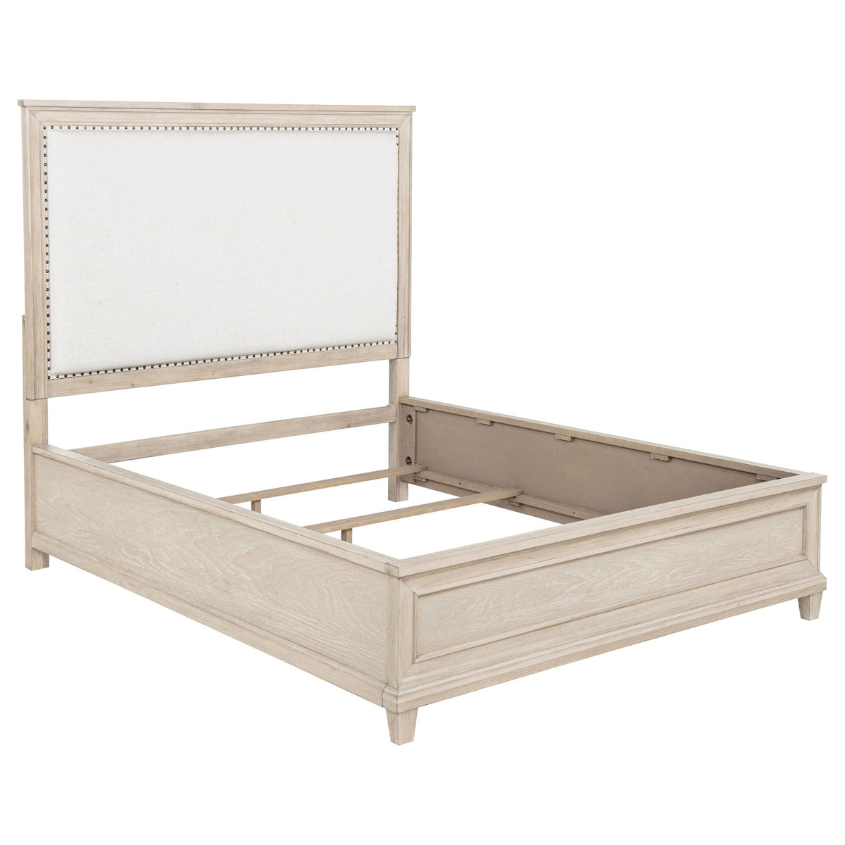 Queen bed frame with panel headboard and open platform base in washed oak