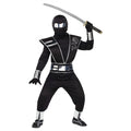 Black ninja costume with silver mirror trim, hood mask, belt, and sword accessory