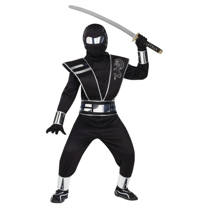 Black ninja costume with silver mirror trim, hood mask, belt, and sword accessory