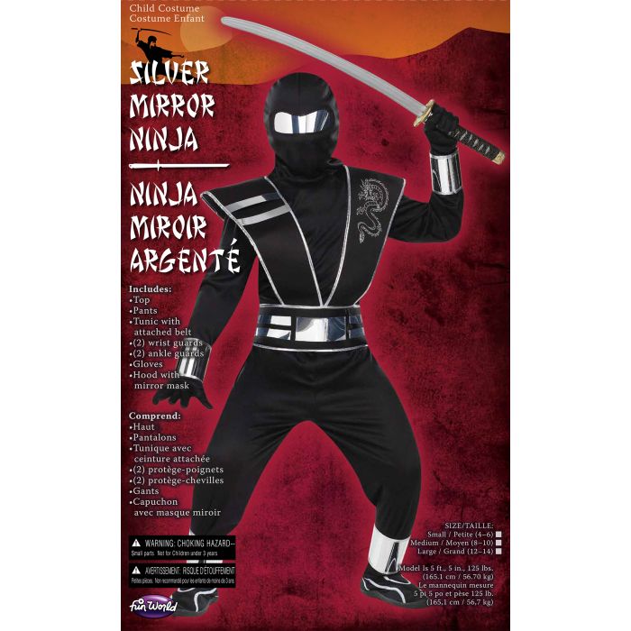 Children's ninja costume in black with silver trim, hood mask, and sword accessory