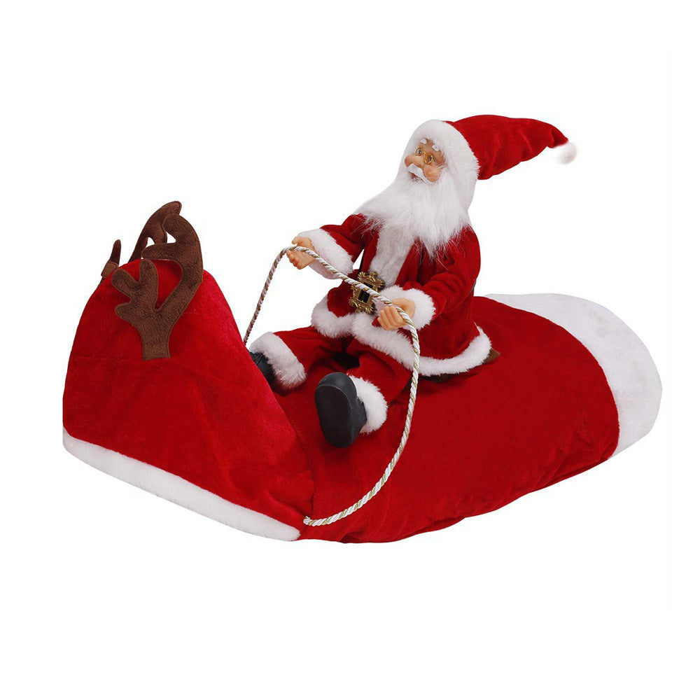 Red hooded dog Santa riding deer costume with plush rider and antler side patch