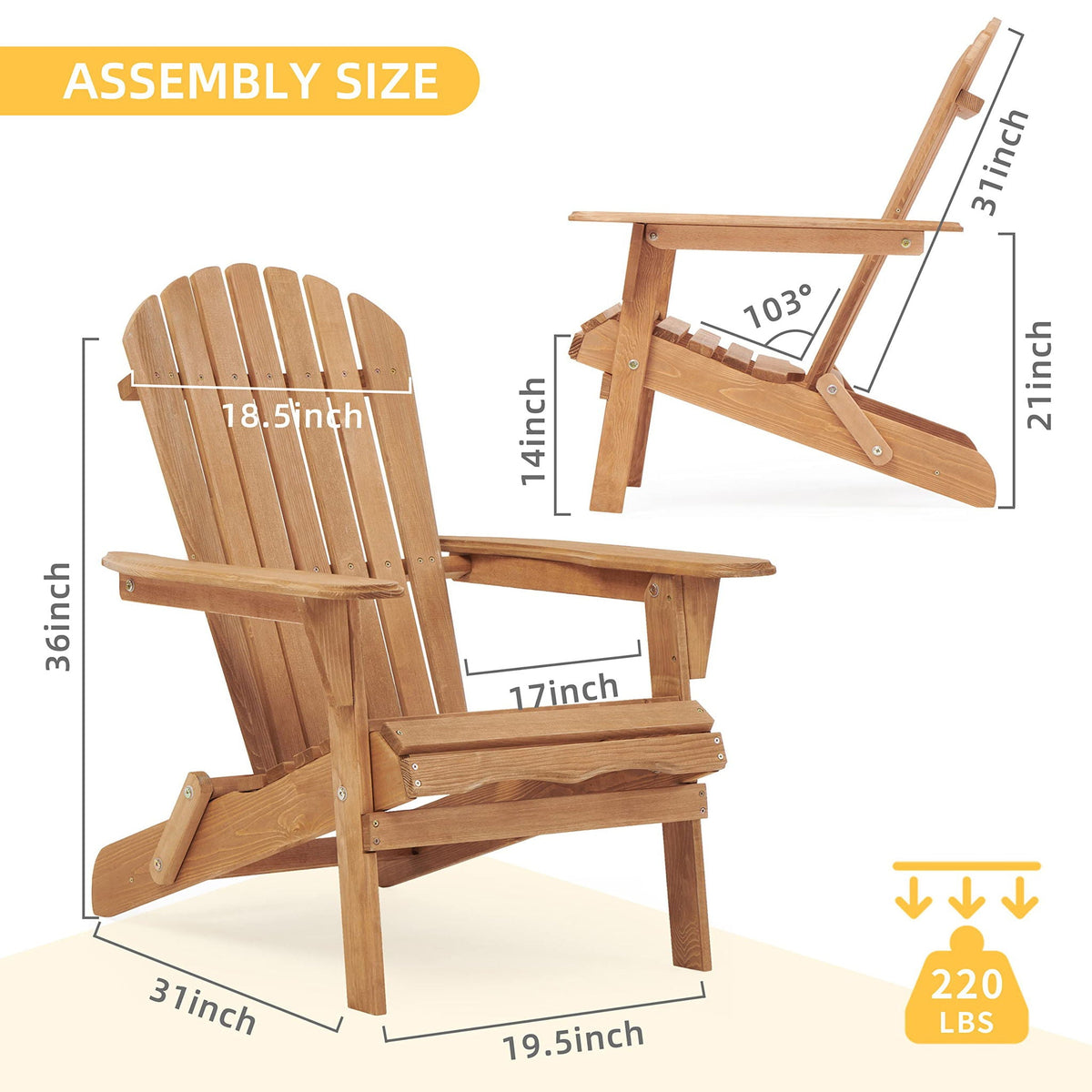 Wooden folding adirondack chair with slatted back and wide armrest supports